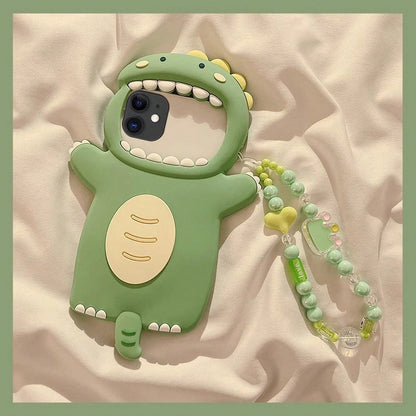 3D Cute Green Dinosaur Silicone Phone Case, With Beaded Wrist Strap, Shockproof Protective Cover, Suitable For. A Thoughtful Gift For Women-Perfect For Birthdays, Christmas, Halloween, Mother's Day, A
