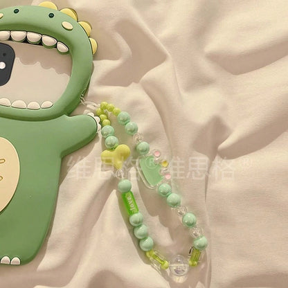 3D Cute Green Dinosaur Silicone Phone Case, With Beaded Wrist Strap, Shockproof Protective Cover, Suitable For. A Thoughtful Gift For Women-Perfect For Birthdays, Christmas, Halloween, Mother's Day, A