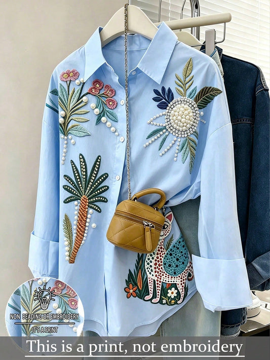 3D Faux Pearl Flower Printed Women Blouse