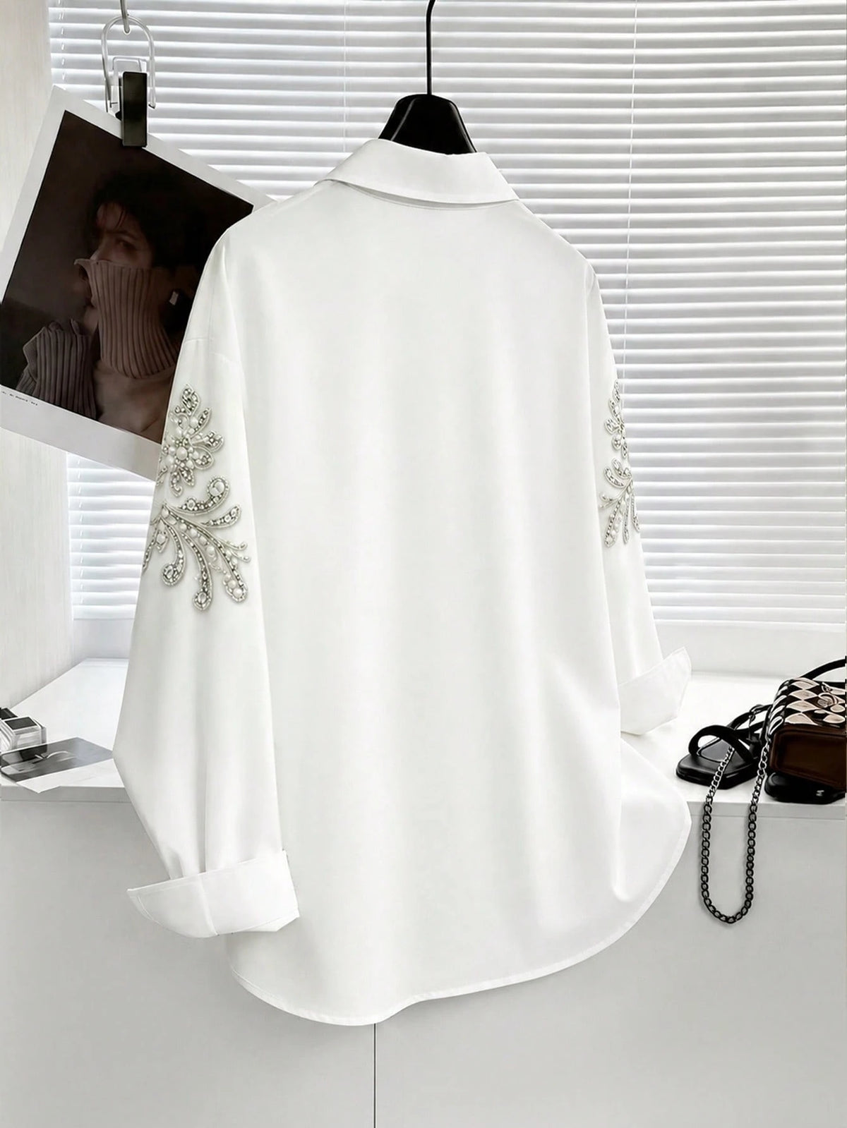 3D Faux Pearl Flower Printed Women Blouse