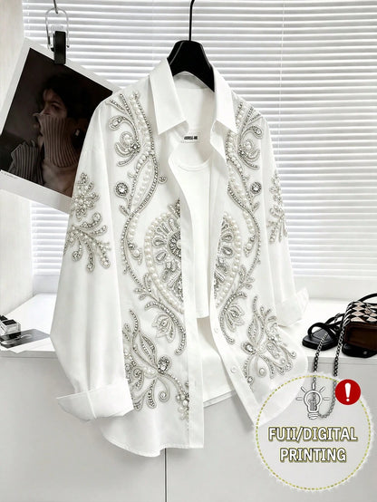 3D Faux Pearl Flower Printed Women Blouse