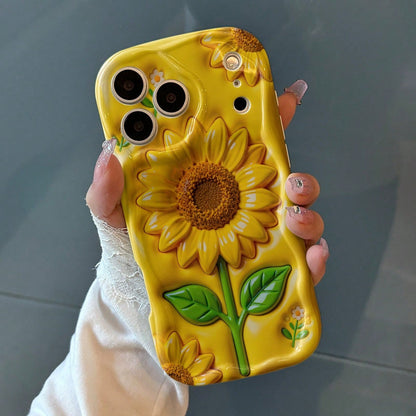 3D-Like Effect 1PC Cute Yellow Sunflower And Green Leaf Pattern Phone Case, Curly Wave Edge Phone Case, Thick Shockproof Phone Case, Cream Style Phone Case Suitable For And 11 12 13 14 15 16 17 Pro Ma