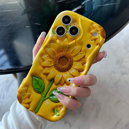 3D-Like Effect 1PC Cute Yellow Sunflower And Green Leaf Pattern Phone Case, Curly Wave Edge Phone Case, Thick Shockproof Phone Case, Cream Style Phone Case Suitable For And 11 12 13 14 15 16 17 Pro Ma