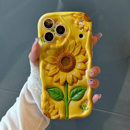 3D-Like Effect 1PC Cute Yellow Sunflower And Green Leaf Pattern Phone Case, Curly Wave Edge Phone Case, Thick Shockproof Phone Case, Cream Style Phone Case Suitable For And 11 12 13 14 15 16 17 Pro Ma