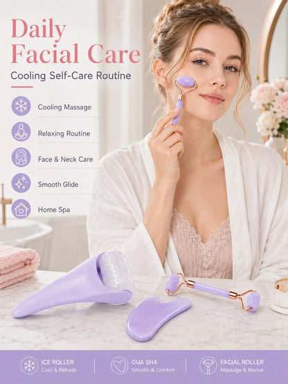 3pcs/1pc Ice Roller Massage Wand & Gua Sha Board Set, Gua Sha Facial Tool Face Care Massage Tool. Ice Roller For Face Helps Lymphatic Drainage, Reduces Puffiness, Brightens Skin Tone, Compact And Port