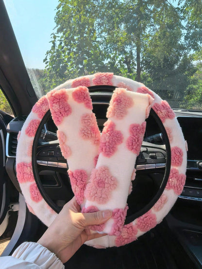 3pcs/2pcs/1pc Car Interior Accessory Set, Floral Plush Steering Wheel Cover And Seatbelt Shoulder Pads, Non-Slip, Warm, Cute, Personalized, Suitable For All Seasons