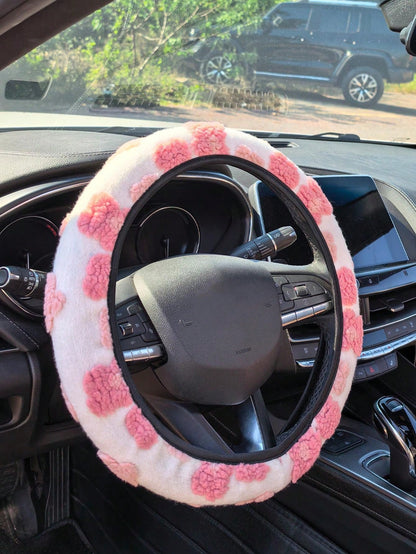 3pcs/2pcs/1pc Car Interior Accessory Set, Floral Plush Steering Wheel Cover And Seatbelt Shoulder Pads, Non-Slip, Warm, Cute, Personalized, Suitable For All Seasons