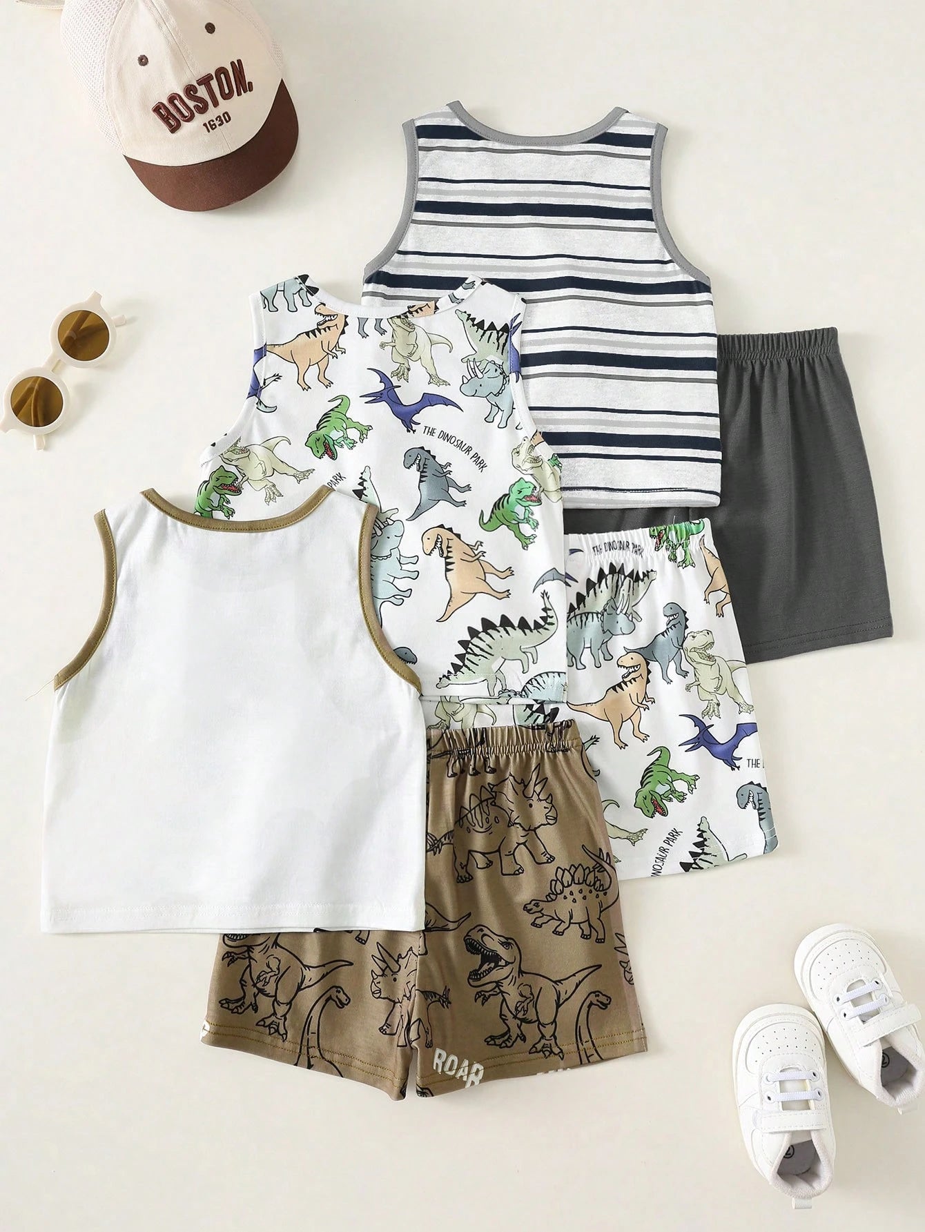 3pcs Baby Boy Cute White Dinosaur Pattern Striped Vest,Summer Casual Vacation Street Style American Retro Loose Comfortable Multi-Pack Fashion Tank