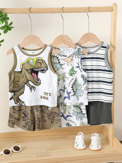 3pcs Baby Boy Cute White Dinosaur Pattern Striped Vest,Summer Casual Vacation Street Style American Retro Loose Comfortable Multi-Pack Fashion Tank