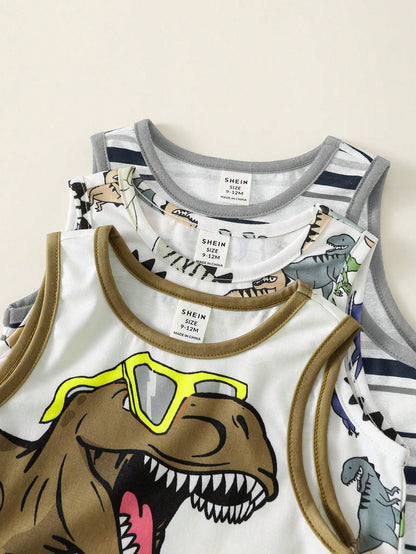 3pcs Baby Boy Cute White Dinosaur Pattern Striped Vest,Summer Casual Vacation Street Style American Retro Loose Comfortable Multi-Pack Fashion Tank