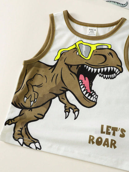 3pcs Baby Boy Cute White Dinosaur Pattern Striped Vest,Summer Casual Vacation Street Style American Retro Loose Comfortable Multi-Pack Fashion Tank