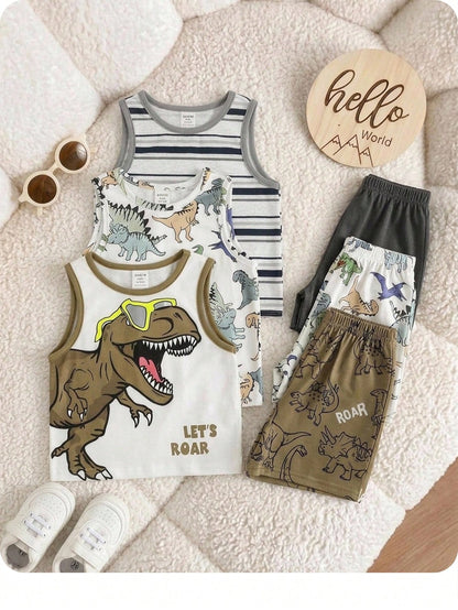 3pcs Baby Boy Cute White Dinosaur Pattern Striped Vest,Summer Casual Vacation Street Style American Retro Loose Comfortable Multi-Pack Fashion Tank