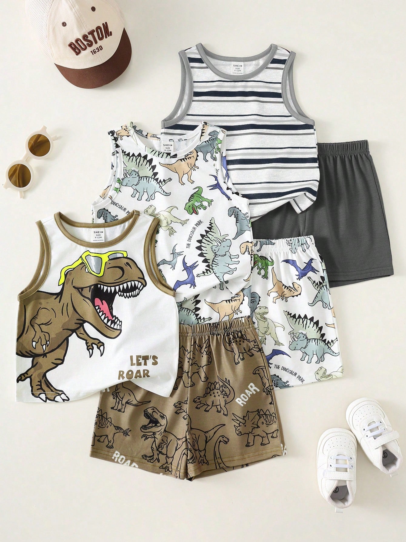 3pcs Baby Boy Cute White Dinosaur Pattern Striped Vest,Summer Casual Vacation Street Style American Retro Loose Comfortable Multi-Pack Fashion Tank