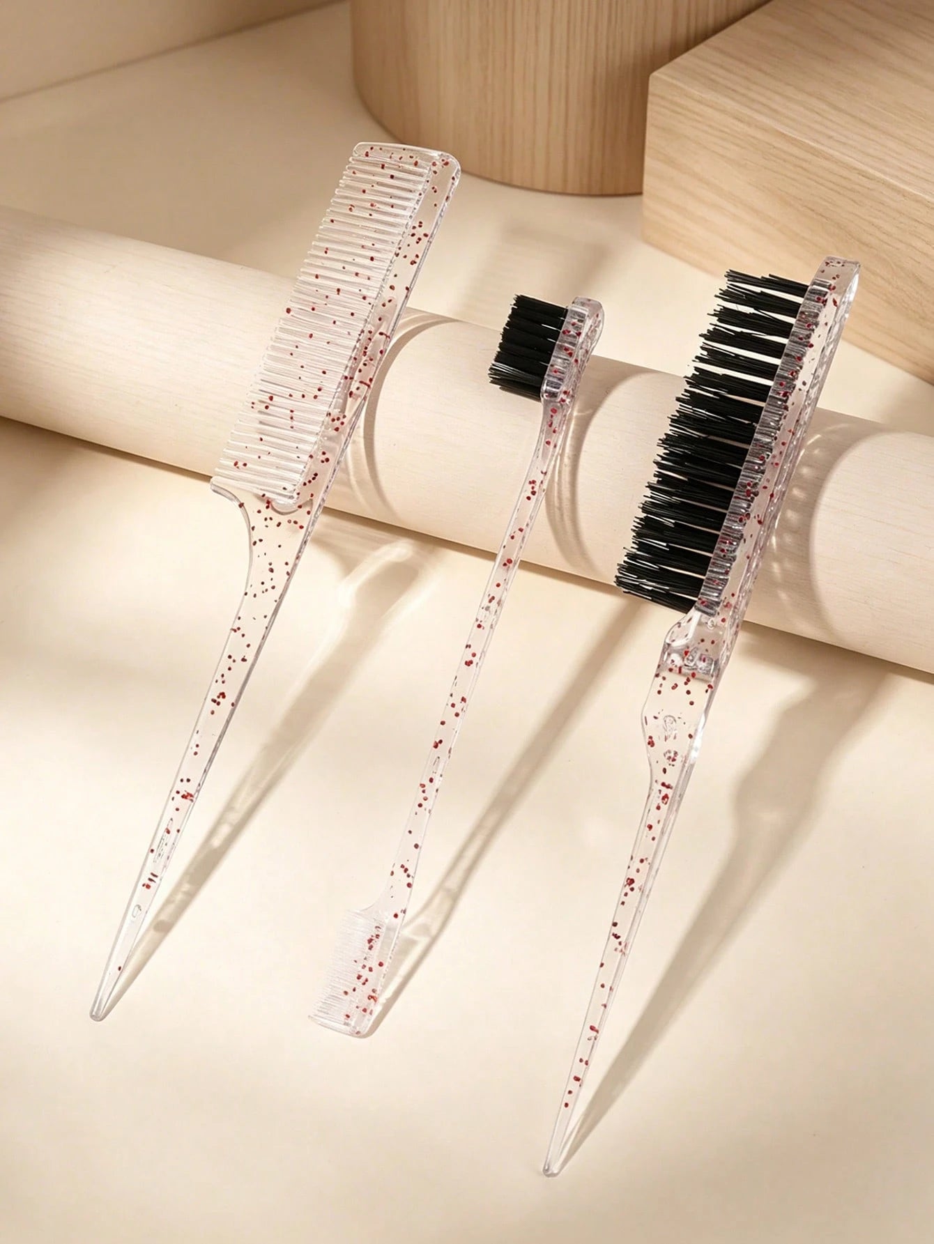 3pcs Glitter Clear Hair Styling Comb Set- Rat Tail Comb, Edge Control Brush & Teasing Brush For Backcombing, Sleek Ponytail, Buns, Flyaways & Parting, Transparent Glitter Design, Salon-Quality Hair T