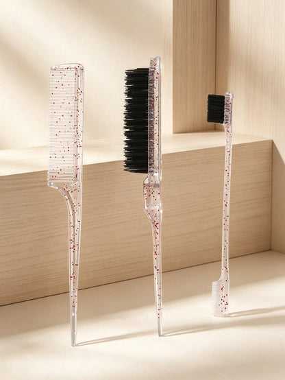 3pcs Glitter Clear Hair Styling Comb Set- Rat Tail Comb, Edge Control Brush & Teasing Brush For Backcombing, Sleek Ponytail, Buns, Flyaways & Parting, Transparent Glitter Design, Salon-Quality Hair T