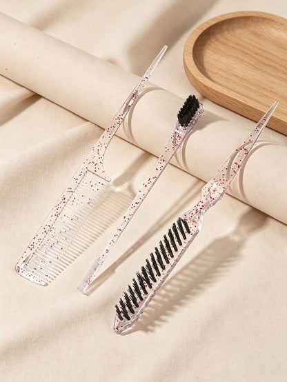 3pcs Glitter Clear Hair Styling Comb Set- Rat Tail Comb, Edge Control Brush & Teasing Brush For Backcombing, Sleek Ponytail, Buns, Flyaways & Parting, Transparent Glitter Design, Salon-Quality Hair T