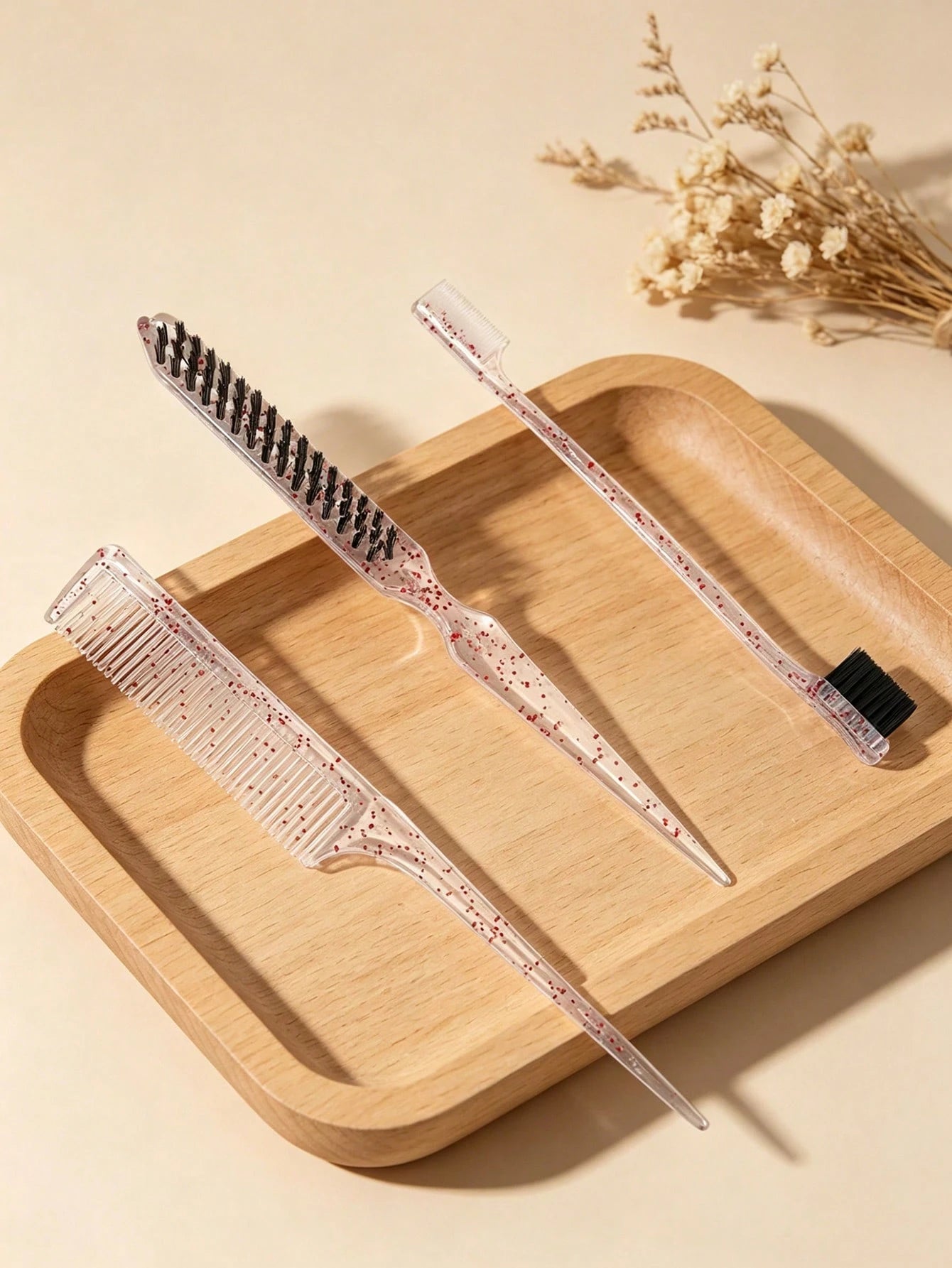 3pcs Glitter Clear Hair Styling Comb Set- Rat Tail Comb, Edge Control Brush & Teasing Brush For Backcombing, Sleek Ponytail, Buns, Flyaways & Parting, Transparent Glitter Design, Salon-Quality Hair T