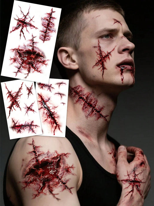 3pcs Halloween Fake Scar Tattoos, Realistic Blood, Injury, Cut, Scratch, Stitch, Suitable For Makeup Kit, Zombie Makeup, Prank Costume Accessories, Halloween Party Supplies