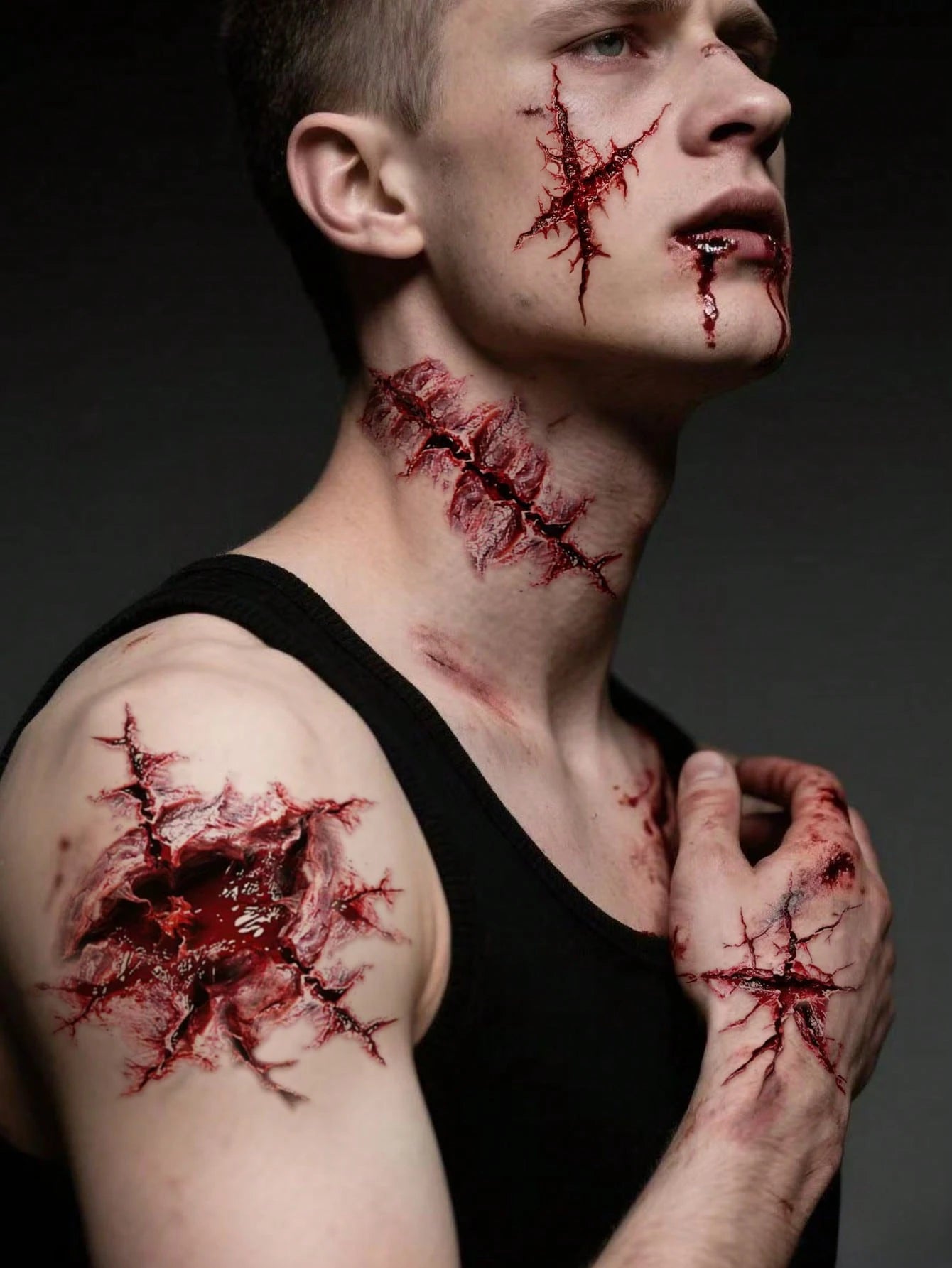 3pcs Halloween Fake Scar Tattoos, Realistic Blood, Injury, Cut, Scratch, Stitch, Suitable For Makeup Kit, Zombie Makeup, Prank Costume Accessories, Halloween Party Supplies