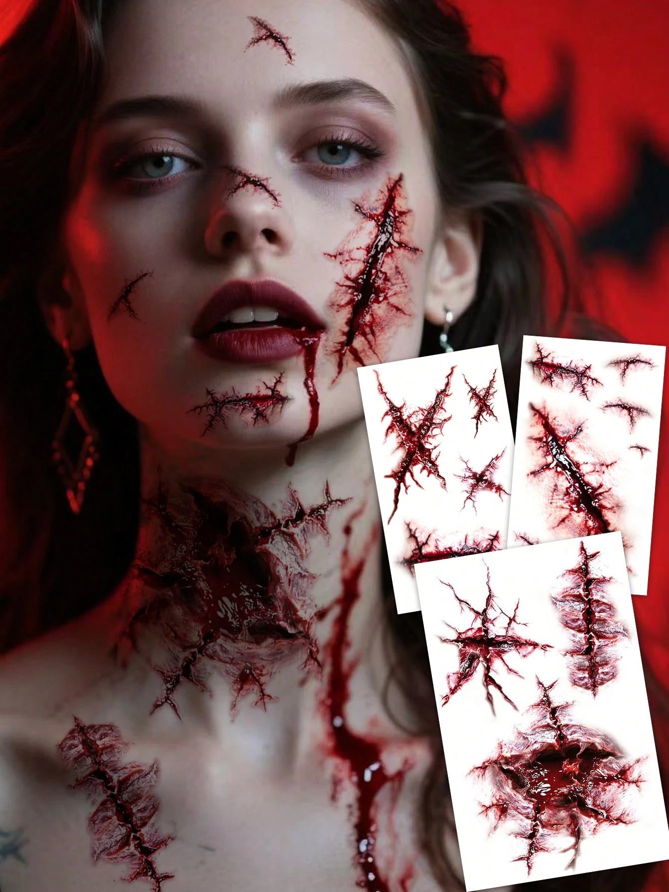 3pcs Halloween Fake Scar Tattoos, Realistic Blood, Injury, Cut, Scratch, Stitch, Suitable For Makeup Kit, Zombie Makeup, Prank Costume Accessories, Halloween Party Supplies