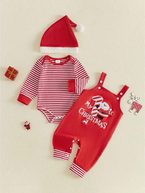 3Pcs Newborn Baby Boy Christmas Clothes Long Sleeve Striped Romper Tops + Suspender Pants + Hat 3M 6M 9M 12M 18M Infant Overalls Set