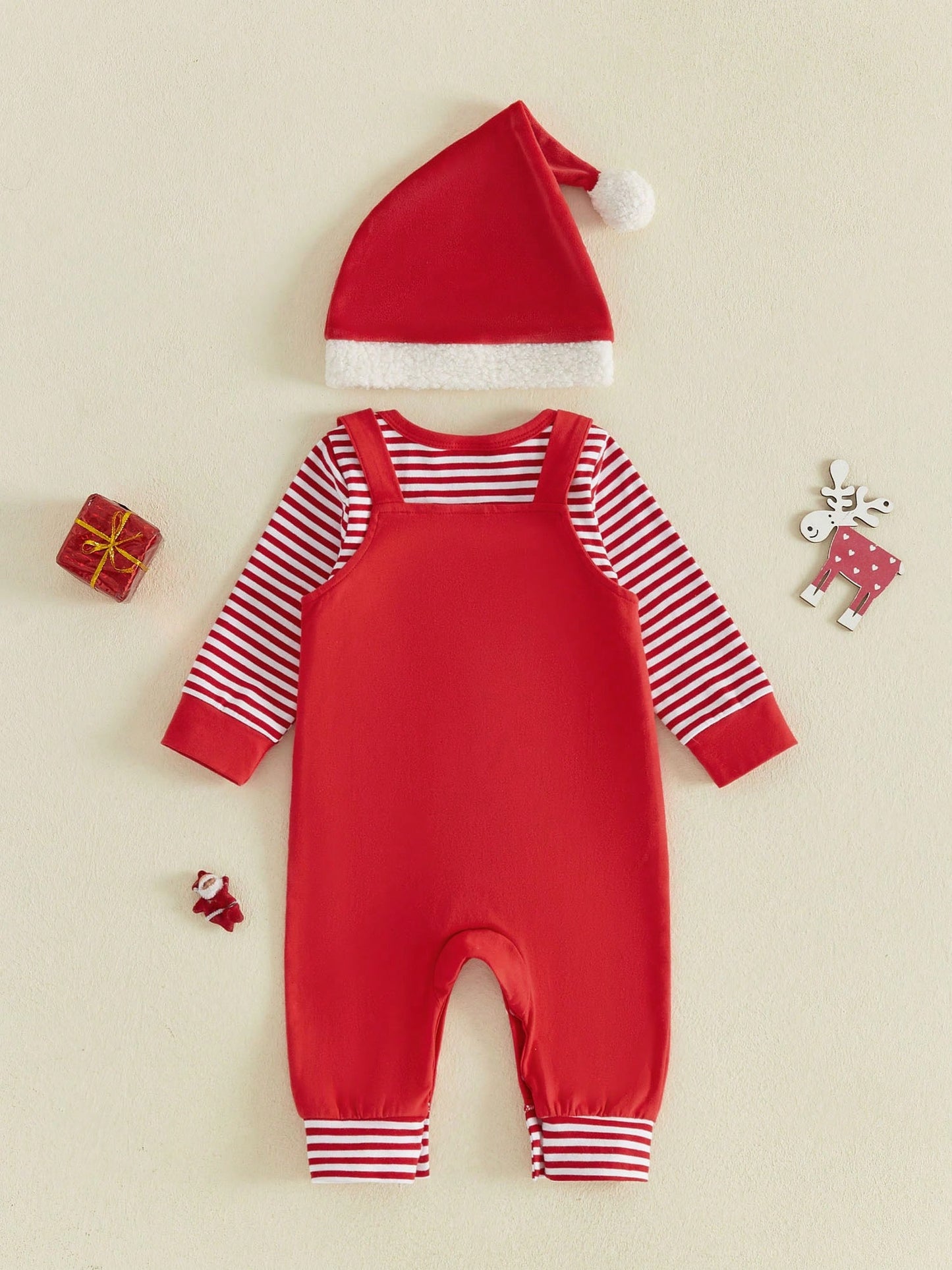 3Pcs Newborn Baby Boy Christmas Clothes Long Sleeve Striped Romper Tops + Suspender Pants + Hat 3M 6M 9M 12M 18M Infant Overalls Set