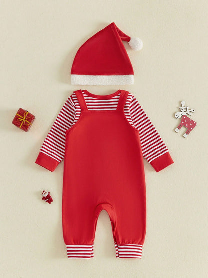 3Pcs Newborn Baby Boy Christmas Clothes Long Sleeve Striped Romper Tops + Suspender Pants + Hat 3M 6M 9M 12M 18M Infant Overalls Set