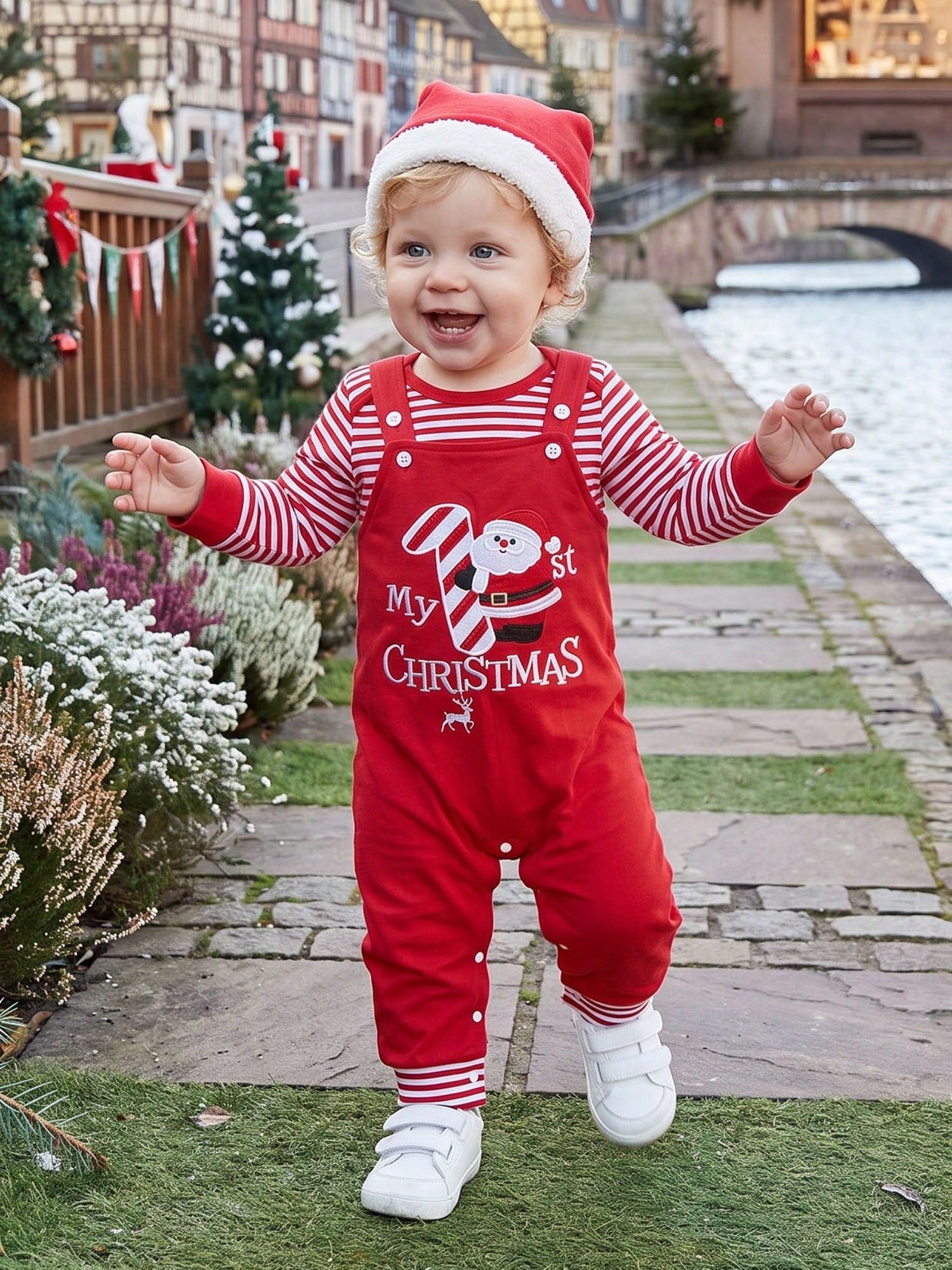 3Pcs Newborn Baby Boy Christmas Clothes Long Sleeve Striped Romper Tops + Suspender Pants + Hat 3M 6M 9M 12M 18M Infant Overalls Set
