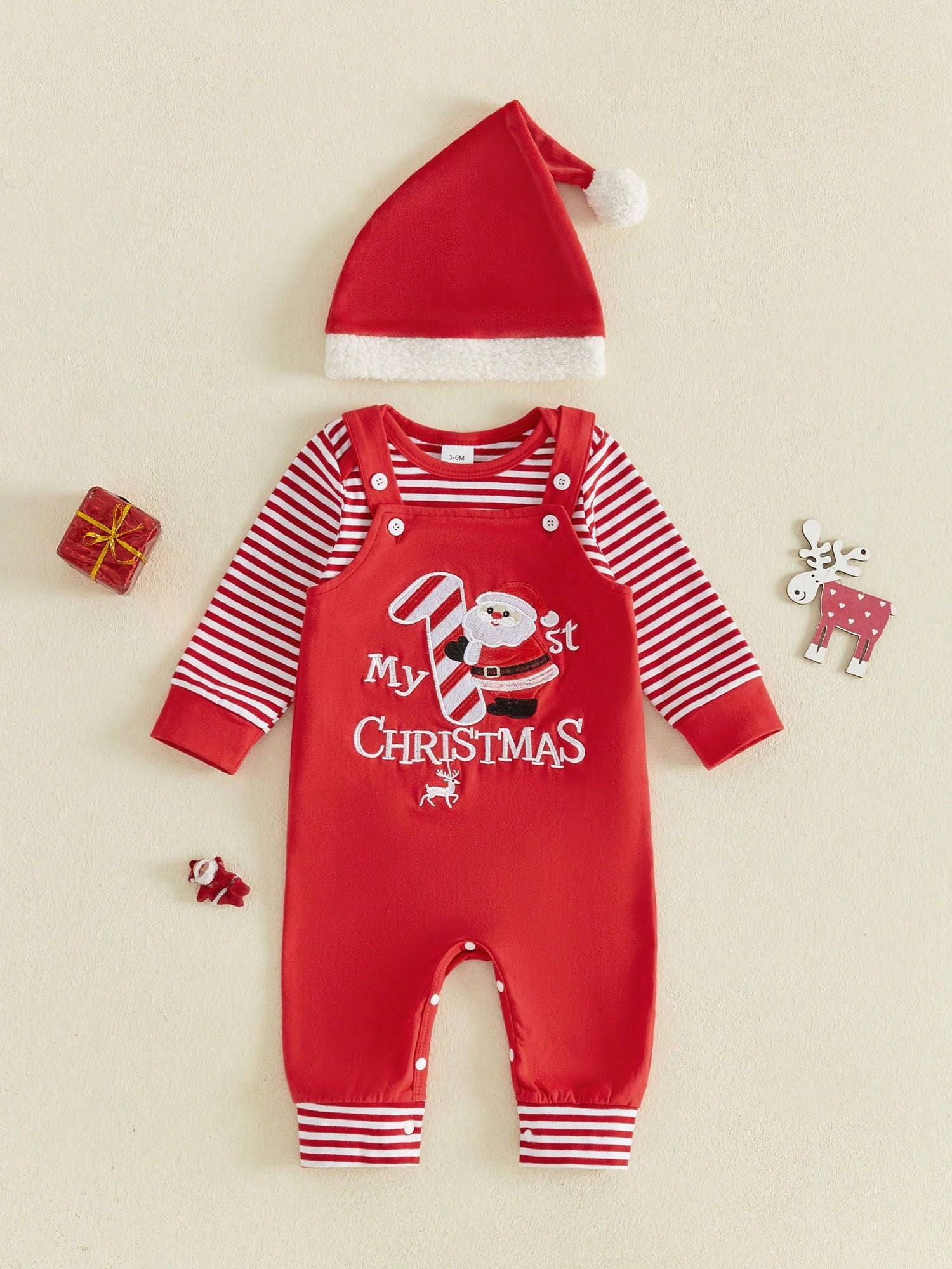 3Pcs Newborn Baby Boy Christmas Clothes Long Sleeve Striped Romper Tops + Suspender Pants + Hat 3M 6M 9M 12M 18M Infant Overalls Set