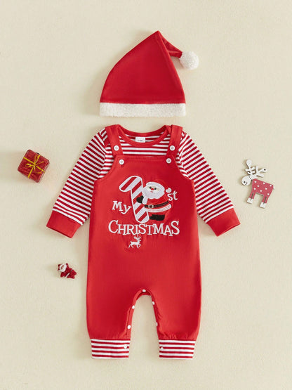 3Pcs Newborn Baby Boy Christmas Clothes Long Sleeve Striped Romper Tops + Suspender Pants + Hat 3M 6M 9M 12M 18M Infant Overalls Set