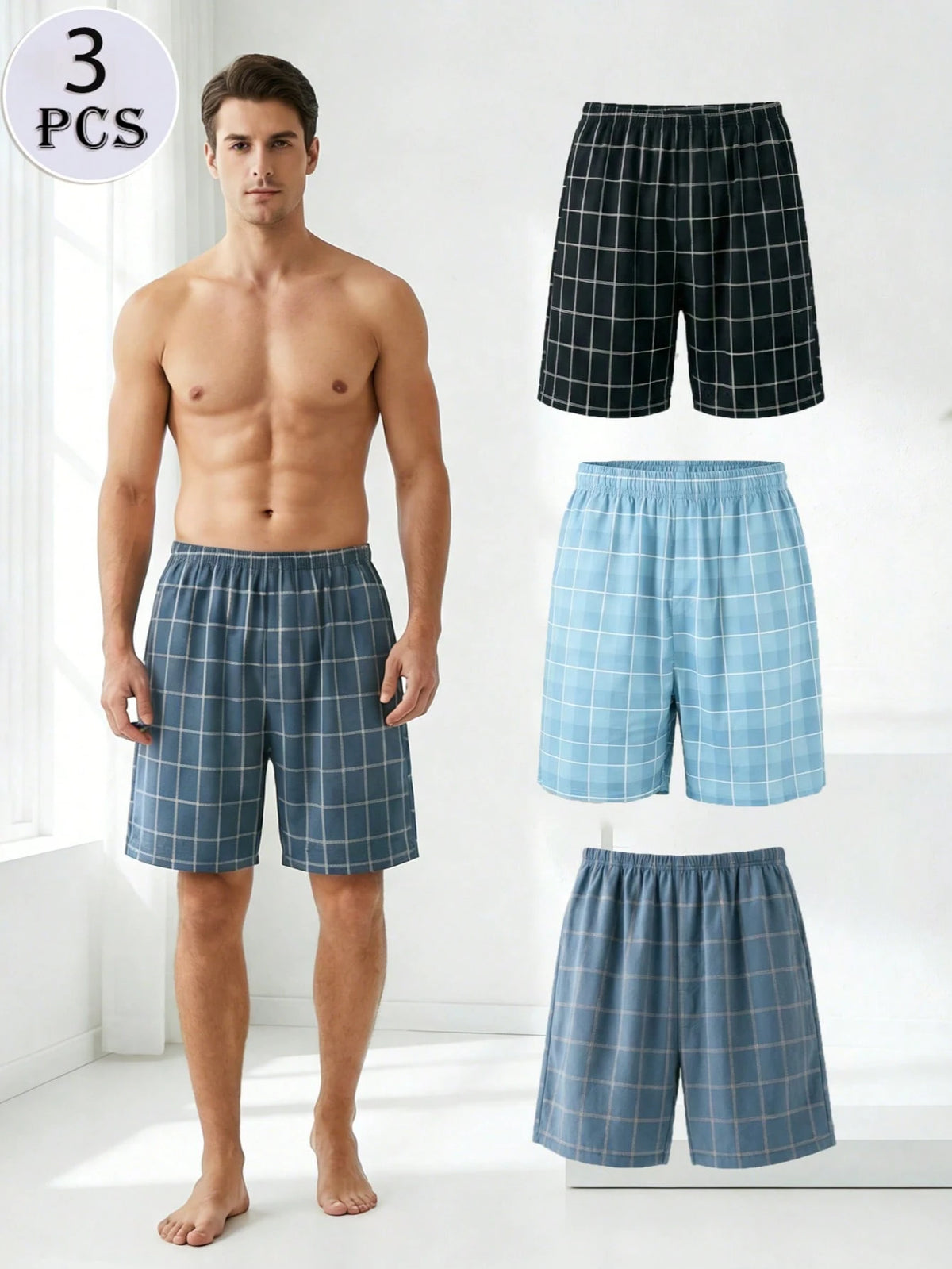3pcs Plus Size Men's Knitted Plaid Lounge Shorts, Elastic Waist Comfortable Casual Pajama Shorts For Spring/Summer, Suitable For Holiday, Home Relaxation, Gift Choice