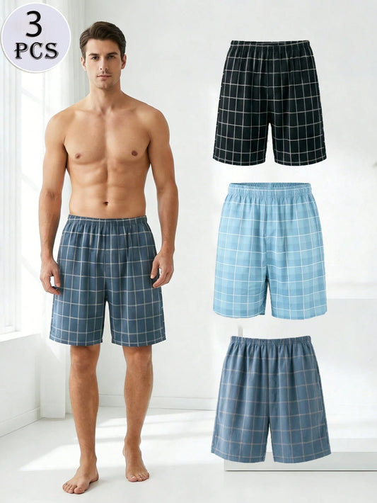 3pcs Plus Size Men's Knitted Plaid Lounge Shorts, Elastic Waist Comfortable Casual Pajama Shorts For Spring/Summer, Suitable For Holiday, Home Relaxation, Gift Choice