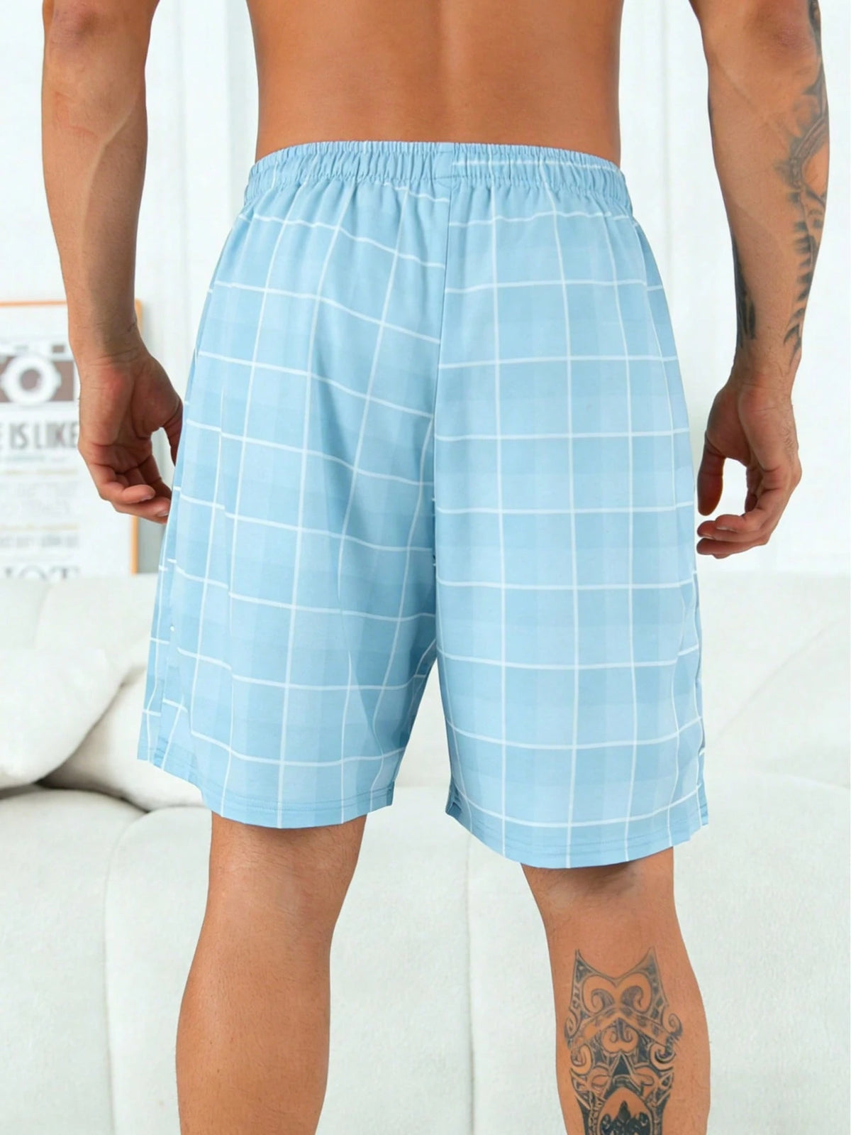 3pcs Plus Size Men's Knitted Plaid Lounge Shorts, Elastic Waist Comfortable Casual Pajama Shorts For Spring/Summer, Suitable For Holiday, Home Relaxation, Gift Choice