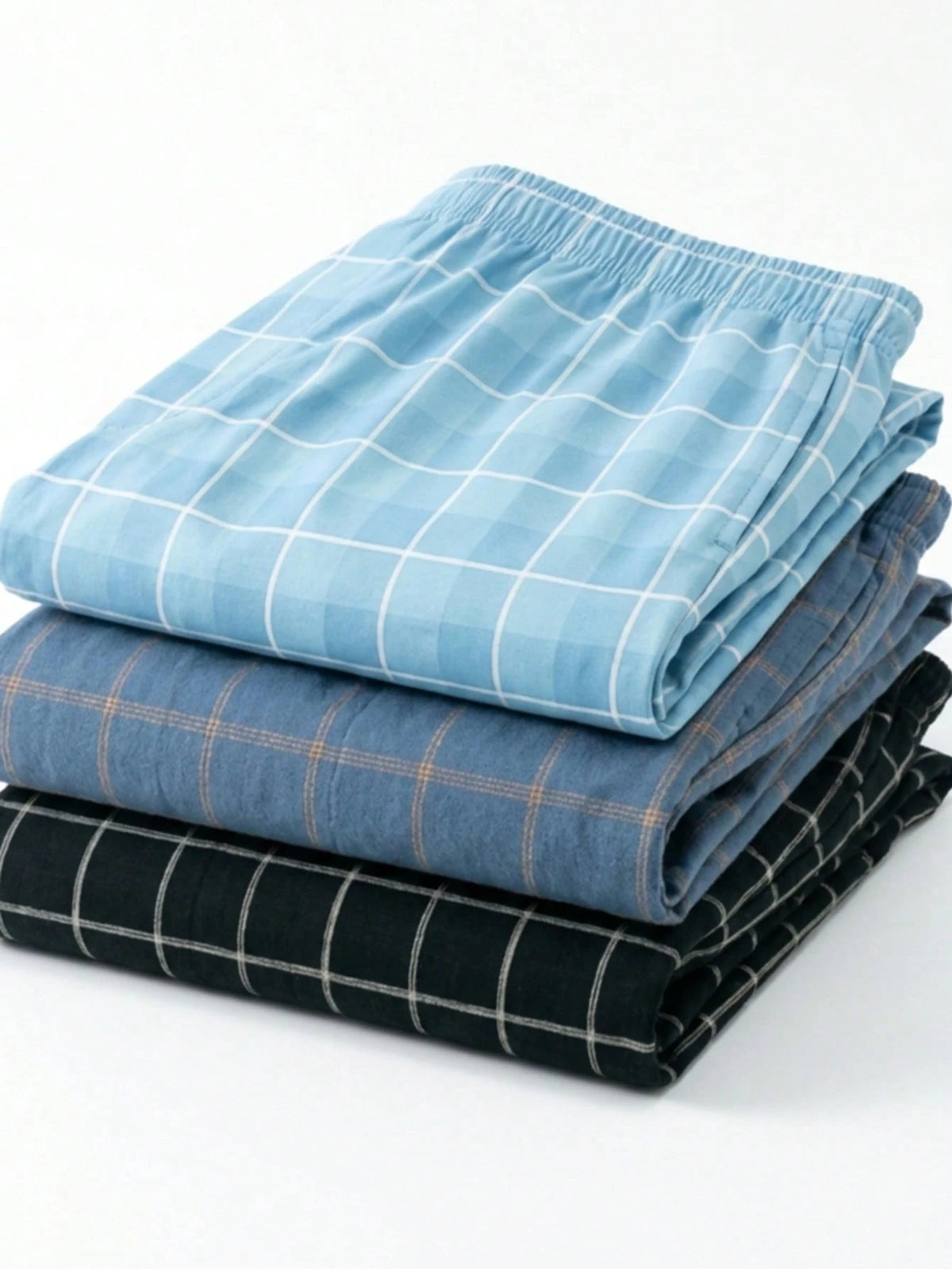 3pcs Plus Size Men's Knitted Plaid Lounge Shorts, Elastic Waist Comfortable Casual Pajama Shorts For Spring/Summer, Suitable For Holiday, Home Relaxation, Gift Choice