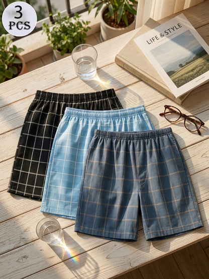 3pcs Plus Size Men's Knitted Plaid Lounge Shorts, Elastic Waist Comfortable Casual Pajama Shorts For Spring/Summer, Suitable For Holiday, Home Relaxation, Gift Choice