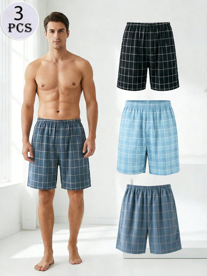 3pcs Plus Size Men's Knitted Plaid Lounge Shorts, Elastic Waist Comfortable Casual Pajama Shorts For Spring/Summer, Suitable For Holiday, Home Relaxation, Gift Choice