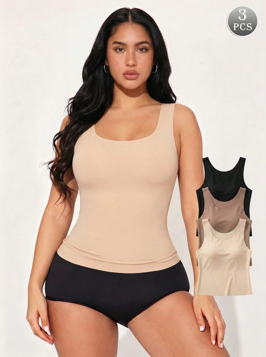 3pcs Seamless Sheer Camisole- Soft Round Neck Basic Vest, Multi-Color