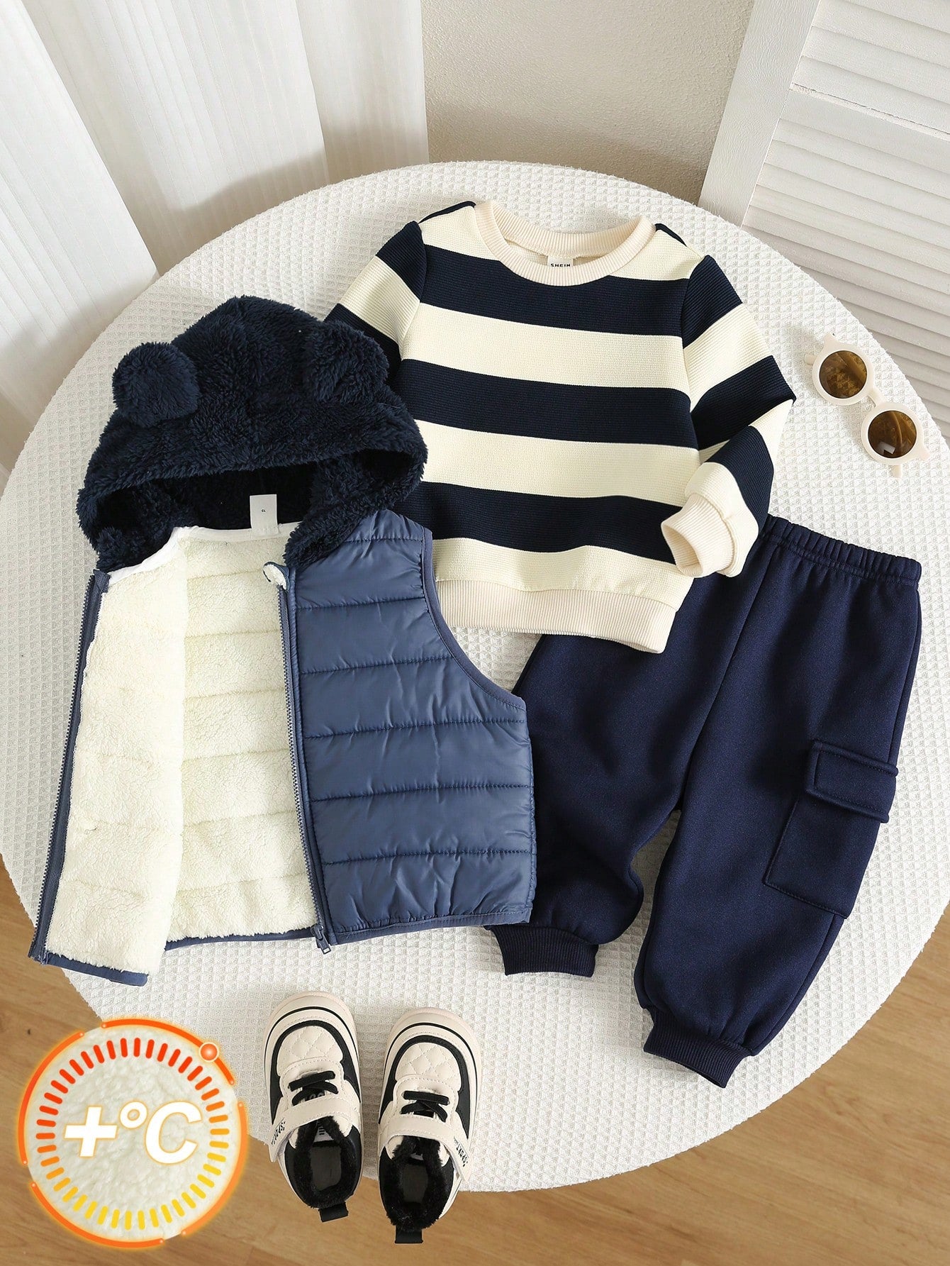 3pcs/Set Baby Boy Autumn/Winter Cute Knitted Striped Long Sleeve Sweatshirt, Deep Blue Vest Jacket, Sweatpants Long Pants Outfit Set, Outerwear Set, Infant Set, Autumn/Winter Set, Cute Set, Stri