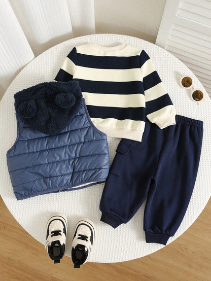 3pcs/Set Baby Boy Autumn/Winter Cute Knitted Striped Long Sleeve Sweatshirt, Deep Blue Vest Jacket, Sweatpants Long Pants Outfit Set, Outerwear Set, Infant Set, Autumn/Winter Set, Cute Set, Stri