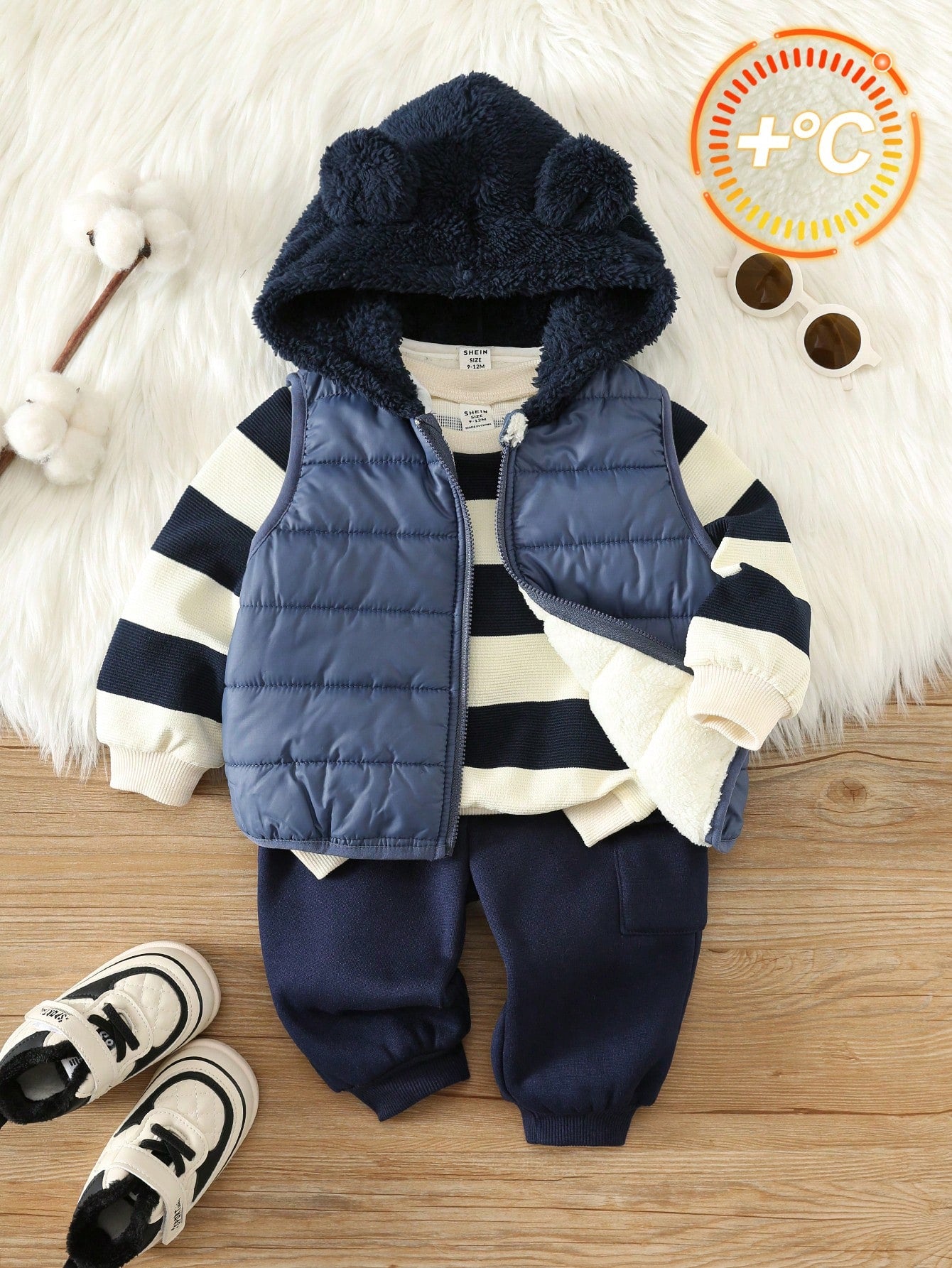 3pcs/Set Baby Boy Autumn/Winter Cute Knitted Striped Long Sleeve Sweatshirt, Deep Blue Vest Jacket, Sweatpants Long Pants Outfit Set, Outerwear Set, Infant Set, Autumn/Winter Set, Cute Set, Stri
