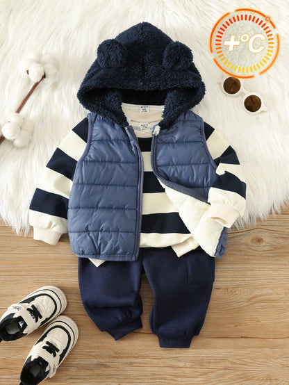3pcs/Set Baby Boy Autumn/Winter Cute Knitted Striped Long Sleeve Sweatshirt, Deep Blue Vest Jacket, Sweatpants Long Pants Outfit Set, Outerwear Set, Infant Set, Autumn/Winter Set, Cute Set, Stri