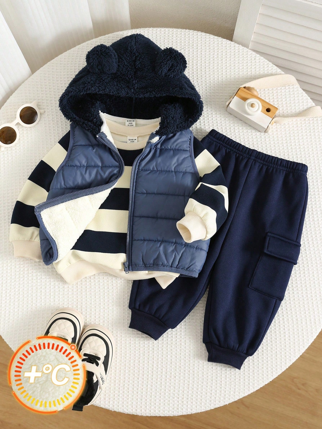 3pcs/Set Baby Boy Autumn/Winter Cute Knitted Striped Long Sleeve Sweatshirt, Deep Blue Vest Jacket, Sweatpants Long Pants Outfit Set, Outerwear Set, Infant Set, Autumn/Winter Set, Cute Set, Stri