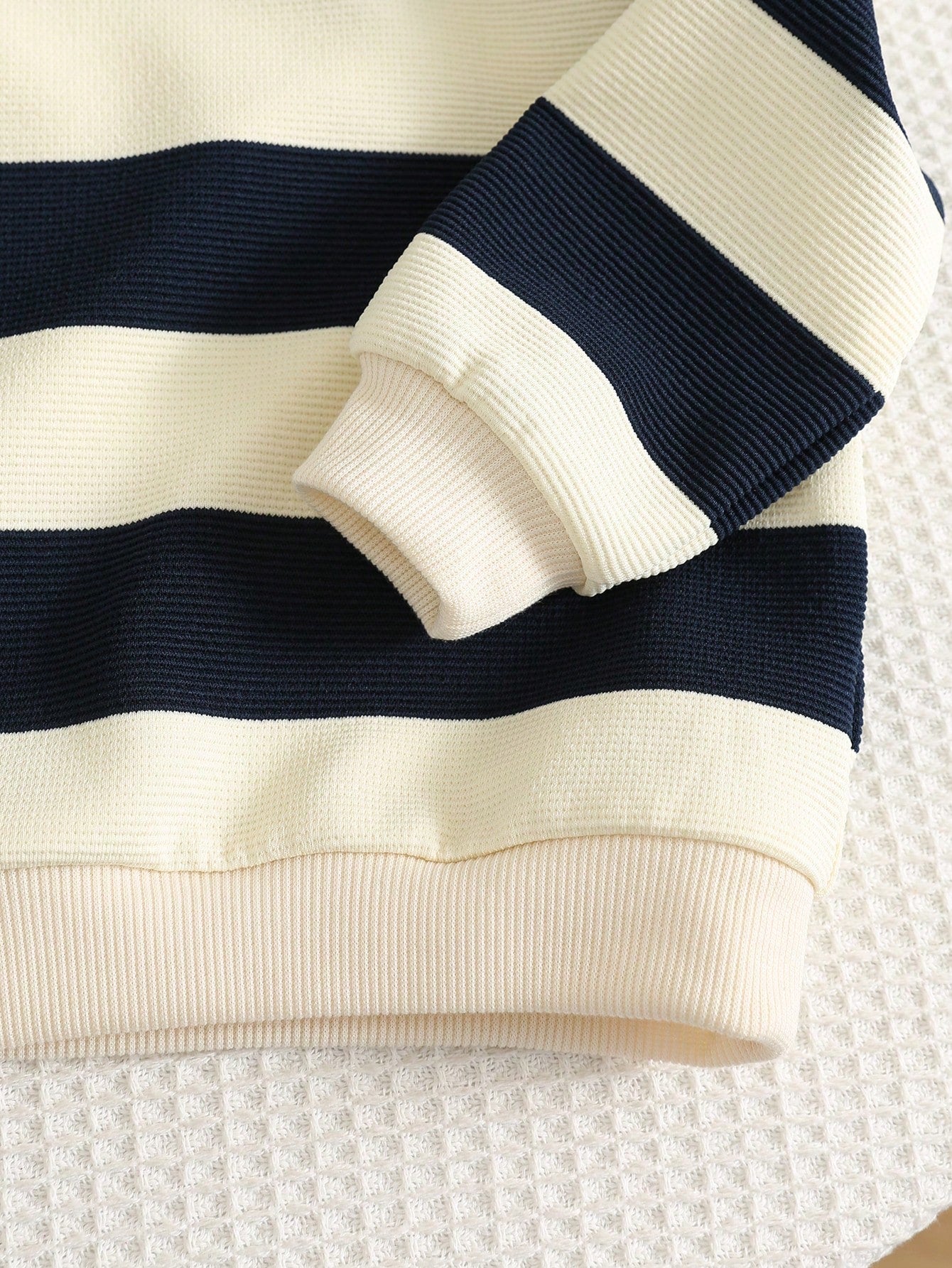 3pcs/Set Baby Boy Autumn/Winter Cute Knitted Striped Long Sleeve Sweatshirt, Deep Blue Vest Jacket, Sweatpants Long Pants Outfit Set, Outerwear Set, Infant Set, Autumn/Winter Set, Cute Set, Stri