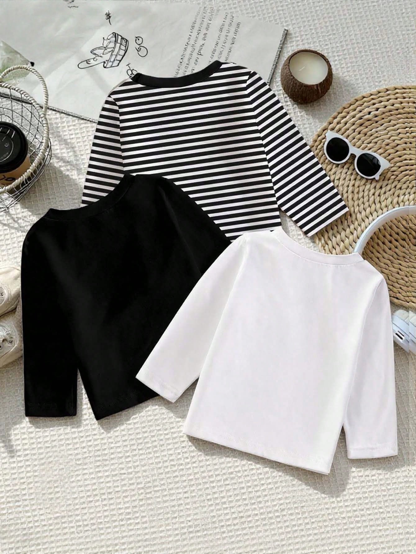 3pcs/Set Baby Boy Infant Toddler 6M-3T English Graphic Black And White Striped Long Sleeve T-Shirts Autumn Casual Carrer Day Back-To-School Tops