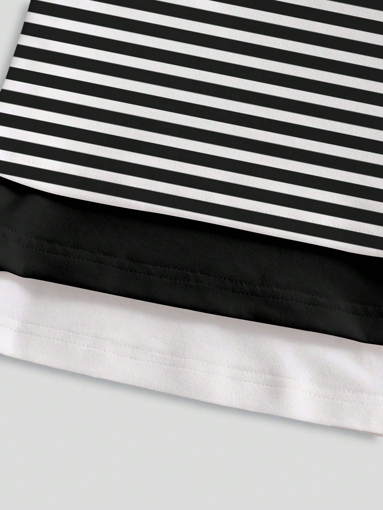 3pcs/Set Baby Boy Infant Toddler 6M-3T English Graphic Black And White Striped Long Sleeve T-Shirts Autumn Casual Carrer Day Back-To-School Tops