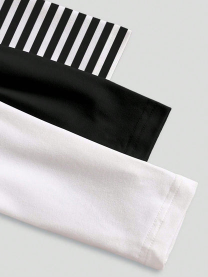 3pcs/Set Baby Boy Infant Toddler 6M-3T English Graphic Black And White Striped Long Sleeve T-Shirts Autumn Casual Carrer Day Back-To-School Tops