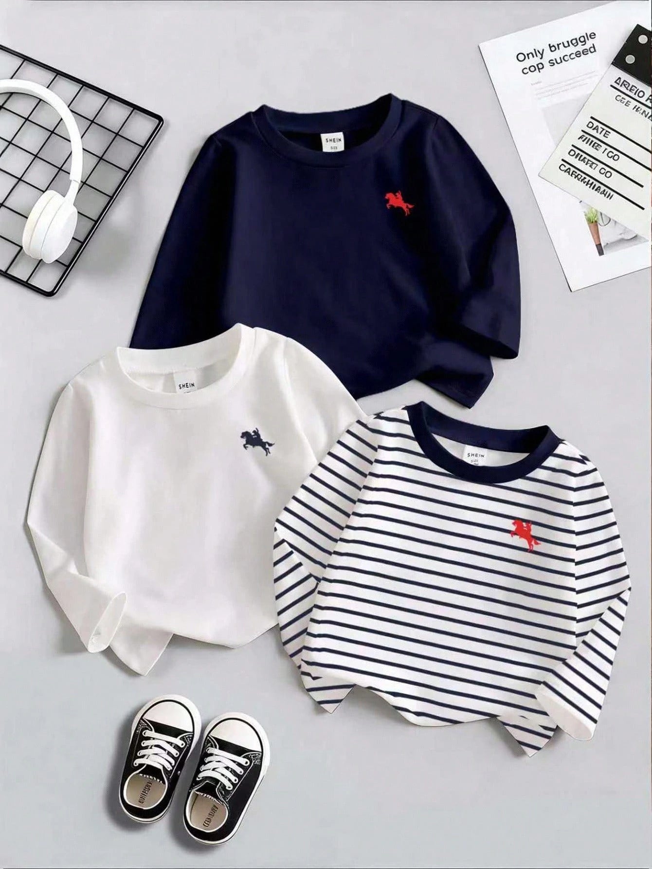 3pcs/Set Baby Boy Infant Toddler 6M-3T English Graphic Black And White Striped Long Sleeve T-Shirts Autumn Casual Carrer Day Back-To-School Tops