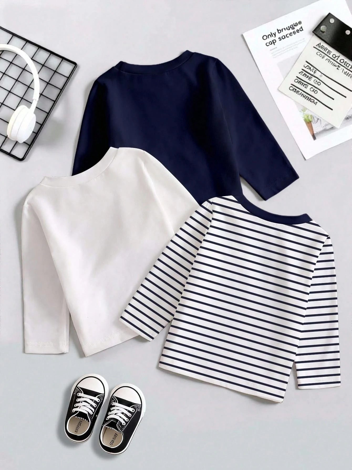 3pcs/Set Baby Boy Infant Toddler 6M-3T English Graphic Black And White Striped Long Sleeve T-Shirts Autumn Casual Carrer Day Back-To-School Tops