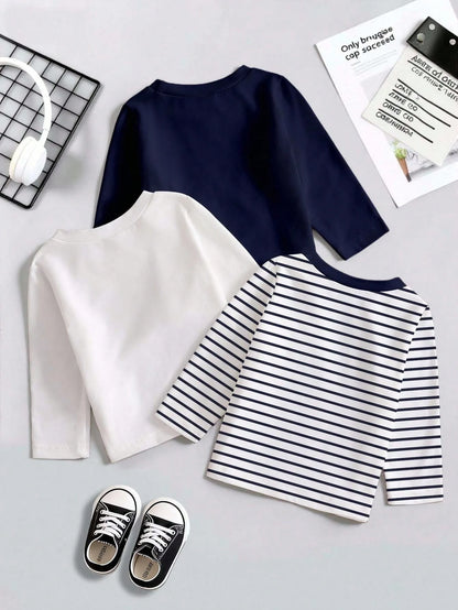 3pcs/Set Baby Boy Infant Toddler 6M-3T English Graphic Black And White Striped Long Sleeve T-Shirts Autumn Casual Carrer Day Back-To-School Tops