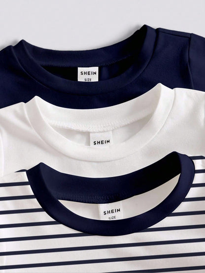 3pcs/Set Baby Boy Infant Toddler 6M-3T English Graphic Black And White Striped Long Sleeve T-Shirts Autumn Casual Carrer Day Back-To-School Tops